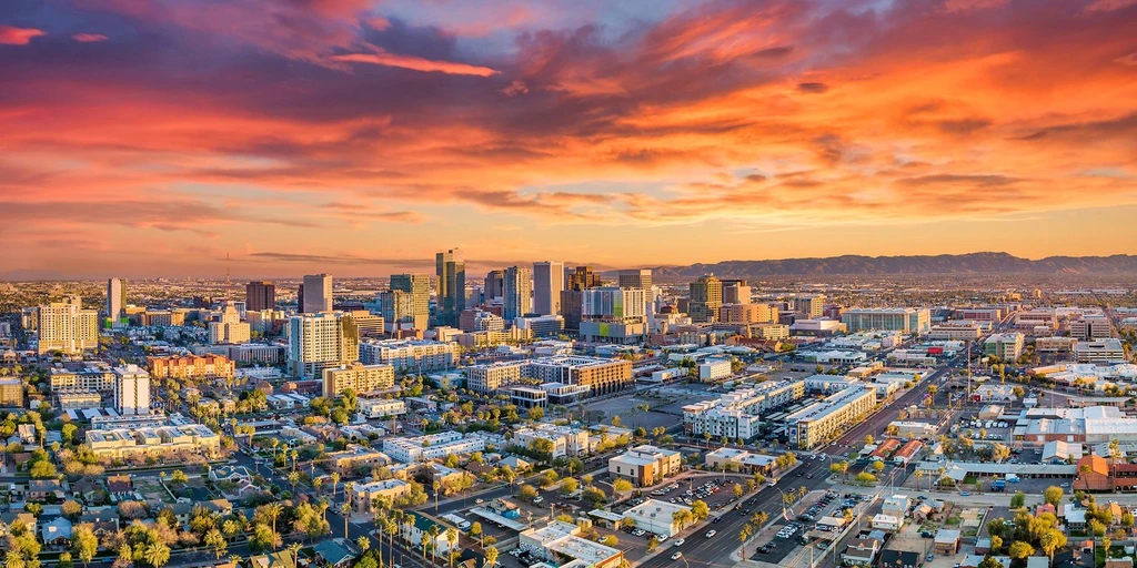 A wide view of the Phoenix skyline at sunset